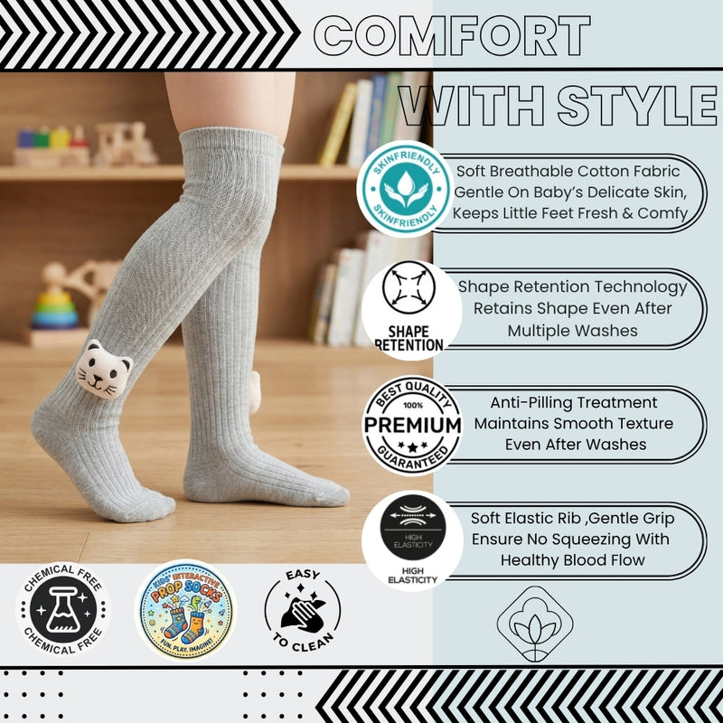 Unisex Cotton Grey Calf Length Kids Long Tiger Face Socks-SK1492andF37