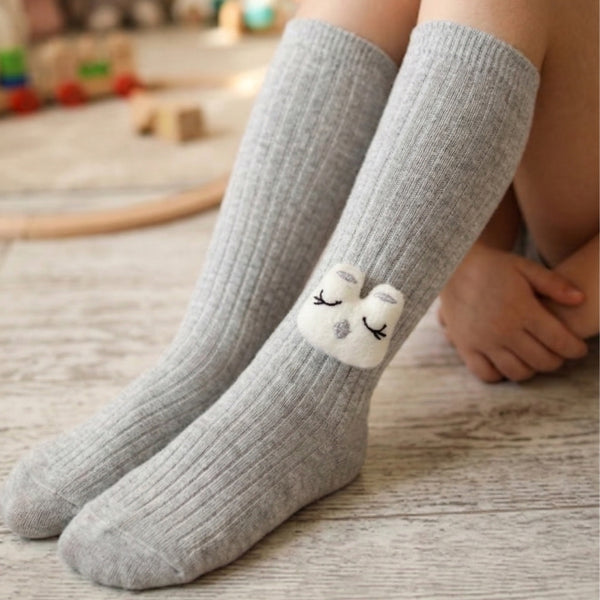 Unisex Cotton Grey Calf Length Kids Long Rabbit Face Socks-SK971andF39