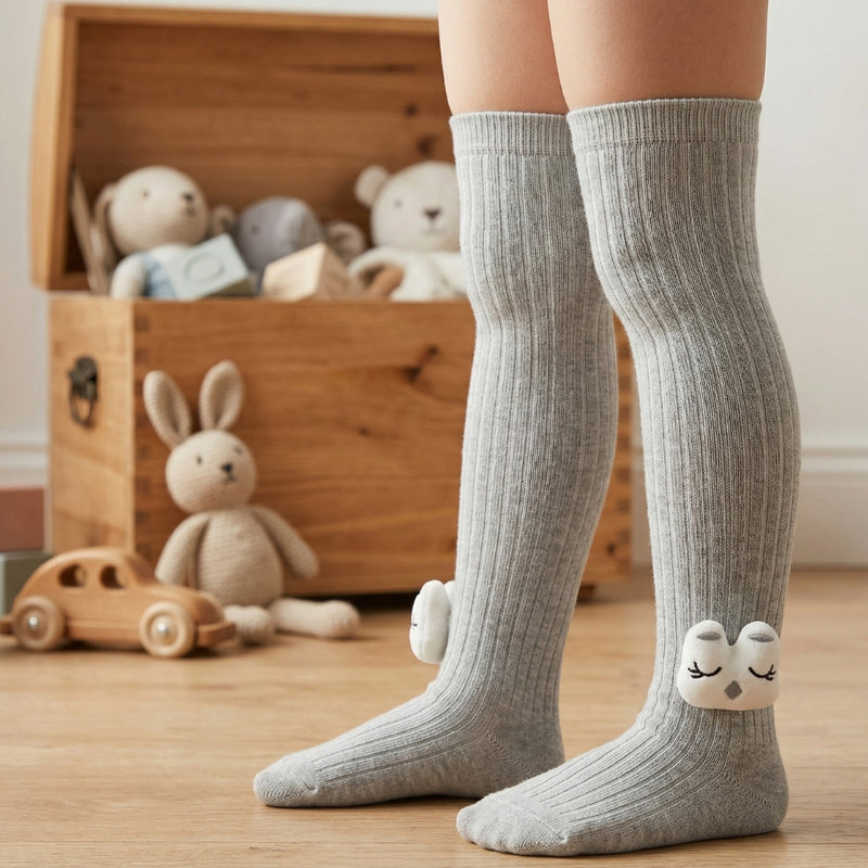 Unisex Cotton Grey Calf Length Kids Long Rabbit Face Socks-SK971andF39