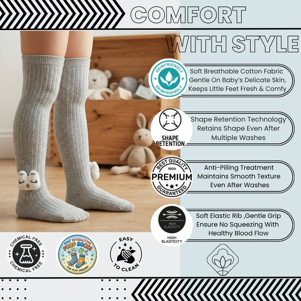 Unisex Cotton Grey Calf Length Kids Long Rabbit Face Socks-SK1070andF39