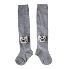 Baby Unisex Cotton Calf Length Grey Kids Long Cat Face Socks-SK1071andF05
