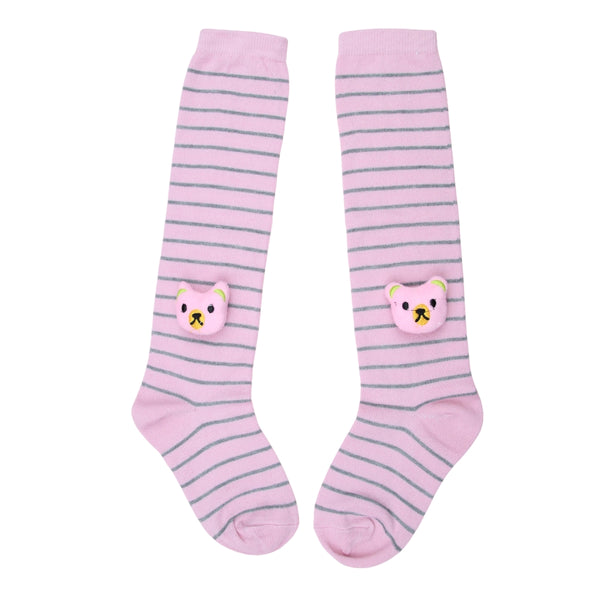 Unisex Cotton Pink Calf Length Kids Long Bear Face Socks-SK1494andF03