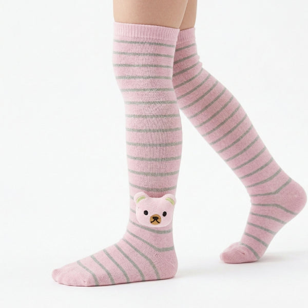 Unisex Cotton Pink Calf Length Kids Long Bear Face Socks-SK1494andF03