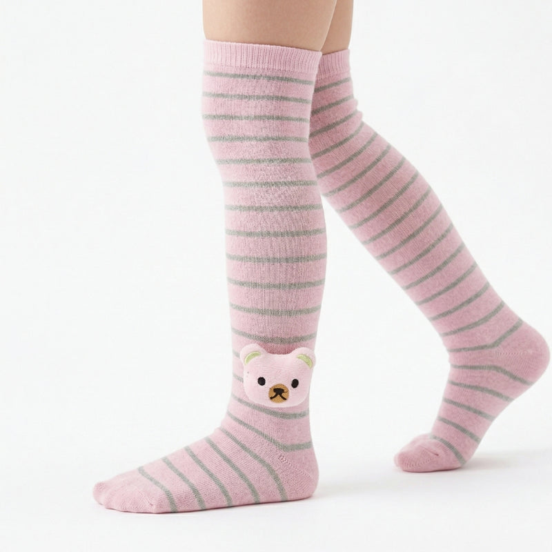 Unisex Cotton Pink Calf Length Kids Long Bear Face Socks-SK1494andF03