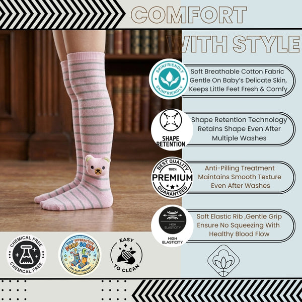 Unisex Cotton Pink Calf Length Kids Long Bear Face Socks-SK1152andF03