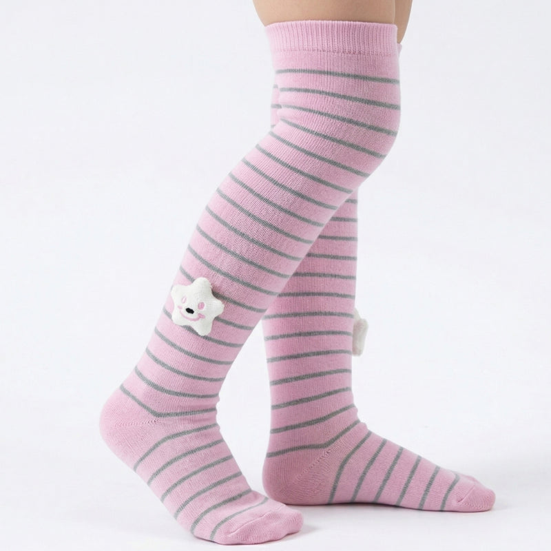 Unisex Cotton Pink Calf Length Kids Long Smiley Star Face Socks-SK1494andF31