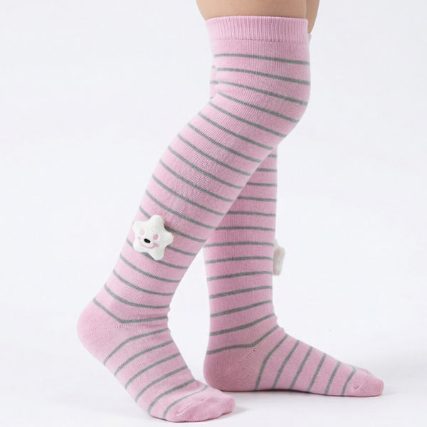 Unisex Cotton Pink Calf Length Kids Long Smiley Star Face Socks-SK1074andF31