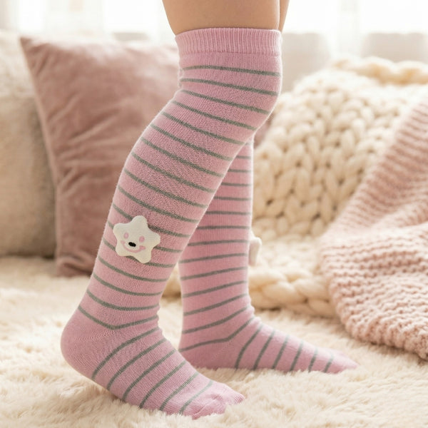 Unisex Cotton Pink Calf Length Kids Long Smiley Star Face Socks-SK1074andF31