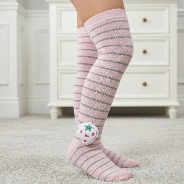 Unisex Cotton Pink Calf Length Kids Long Strawberry Face Socks-SK1074andF44