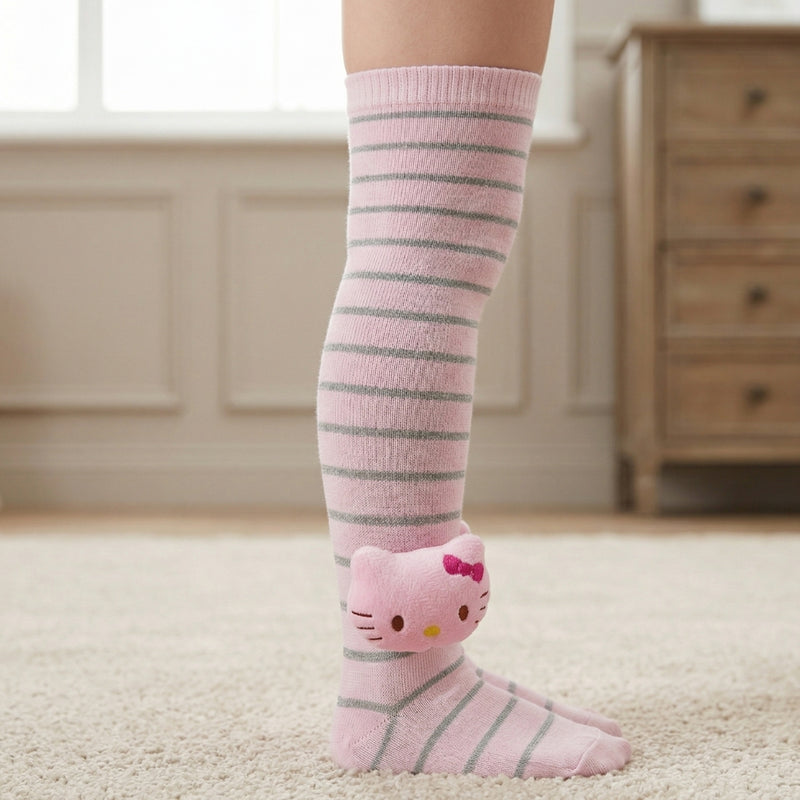 Unisex Cotton Pink Calf Length Kids Long Cat Face Socks-SK1074andF47