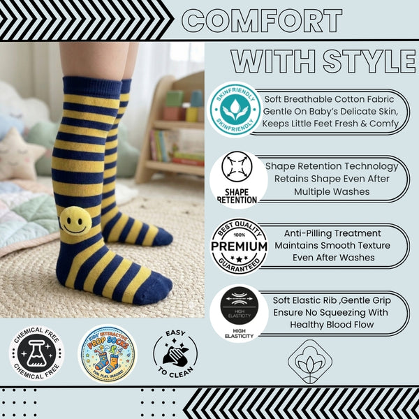 Unisex Cotton Multicolor Calf Length Kids Long Smiley Face Socks-SK1100andF15