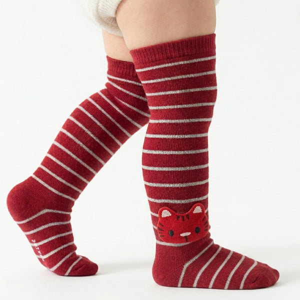 Unisex Cotton Red Calf Length Kids Long Cat Face Socks-SK1110andF04