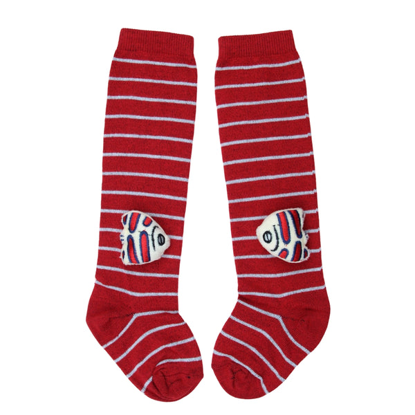 Unisex Cotton Red Calf Length Kids Long Fish Face Socks-SK1495andF11