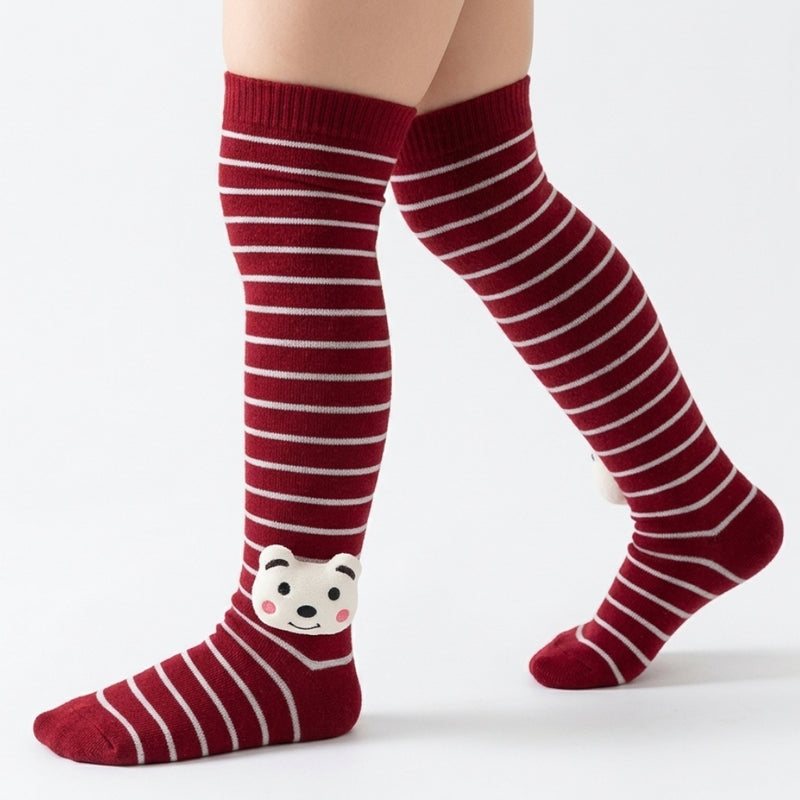 Unisex Cotton Red Calf Length Kids Long Bear Face Socks-SK1495andF21