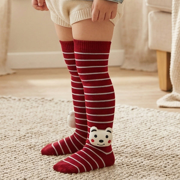 Unisex Cotton Red Calf Length Kids Long Bear Face Socks-SK1110andF21