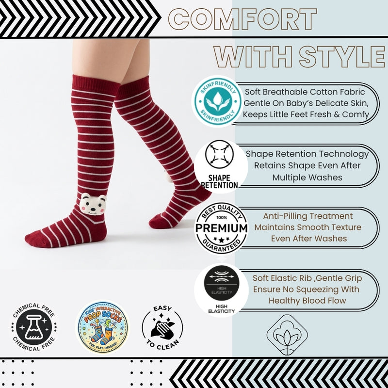 Unisex Cotton Red Calf Length Kids Long Bear Face Socks-SK1495andF21