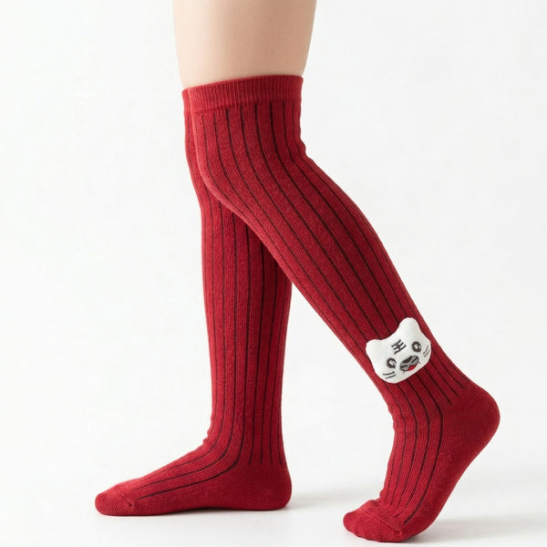 Unisex Cotton Red Calf Length Kids Long Cat Face Socks-SK970andF05