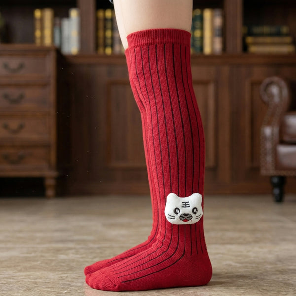 Unisex Cotton Red Calf Length Kids Long Cat Face Socks-SK1147andF05