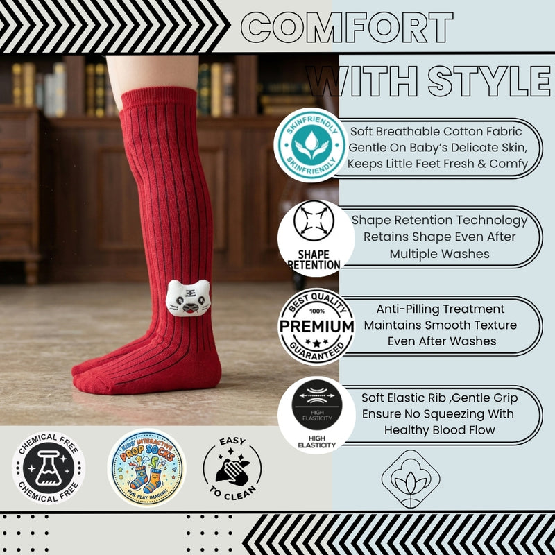 Unisex Cotton Red Calf Length Kids Long Cat Face Socks-SK970andF05