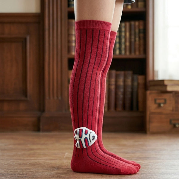 Unisex Cotton Red Calf Length Kids Long Fish Face Socks-SK1223andF11