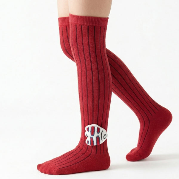 Unisex Cotton Red Calf Length Kids Long Fish Face Socks-SK970andF11