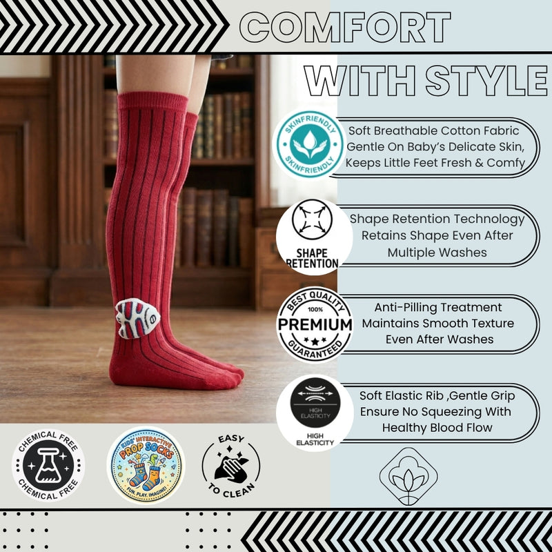 Unisex Cotton Red Calf Length Kids Long Fish Face Socks-SK1147andF11
