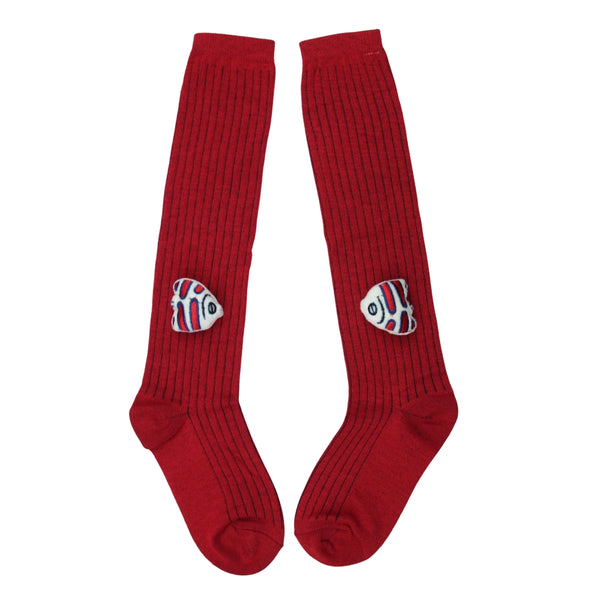 Unisex Cotton Red Calf Length Kids Long Fish Face Socks-SK1223andF11