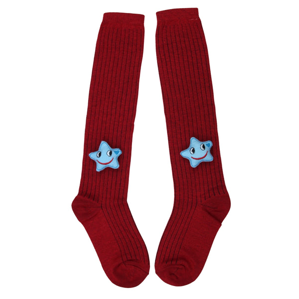 Unisex Cotton Red Calf Length Kids Long Smiley Star Face Socks-SK1147andF14