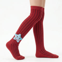 Unisex Cotton Red Calf Length Kids Long Smiley Star Face Socks-SK1147andF14