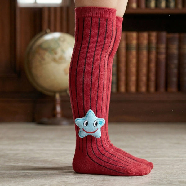 Unisex Cotton Red Calf Length Kids Long Smiley Star Face Socks-SK970andF14