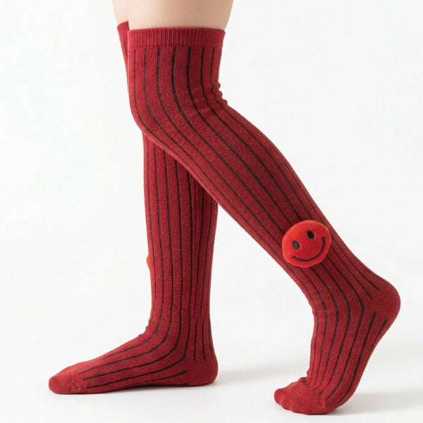 Unisex Cotton Red Calf Length Kids Long Smiley Face Socks-SK1223andF16