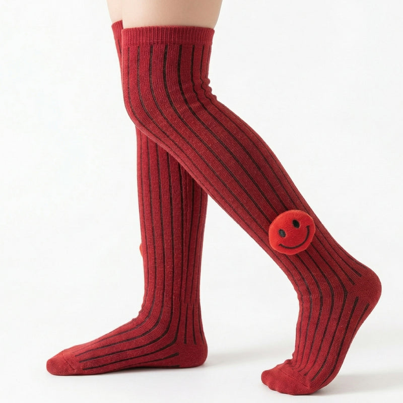 Unisex Cotton Red Calf Length Kids Long Smiley Face Socks-SK970andF16