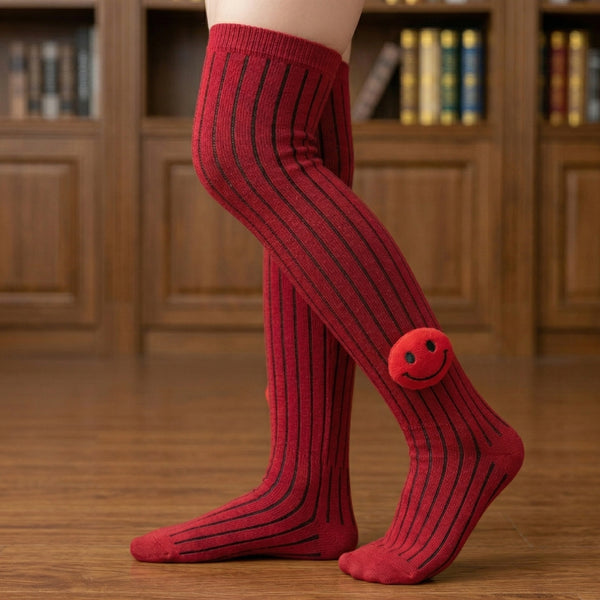 Unisex Cotton Red Calf Length Kids Long Smiley Face Socks-SK1147andF16