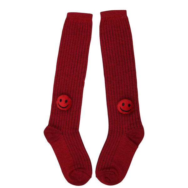 Unisex Cotton Red Calf Length Kids Long Smiley Face Socks-SK970andF16