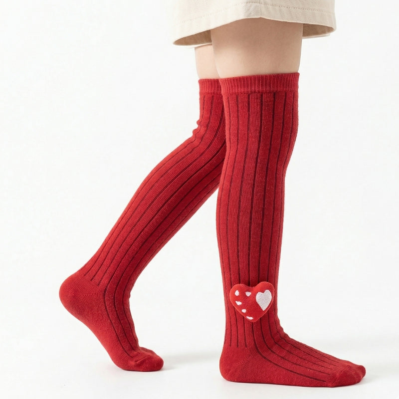 Unisex Cotton Red Calf Length Kids Long Heart Face Socks-SK970andF17