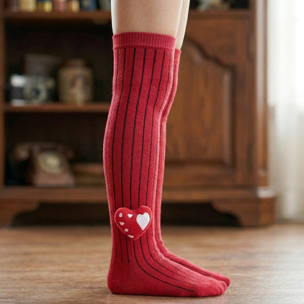 Unisex Cotton Red Calf Length Kids Long Heart Face Socks-SK1147andF17
