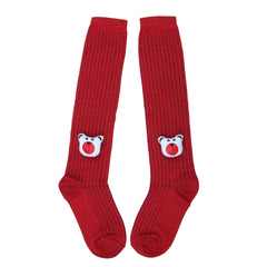 Unisex Cotton Red Calf Length Kids Long Bear Face Socks-SK1147andF33