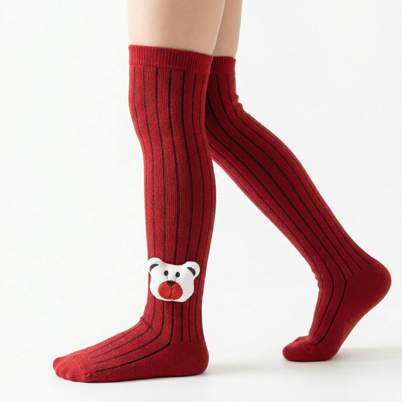 Unisex Cotton Red Calf Length Kids Long Bear Face Socks-SK1223andF33