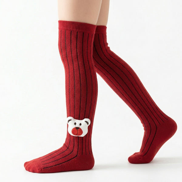 Unisex Cotton Red Calf Length Kids Long Bear Face Socks-SK1147andF33