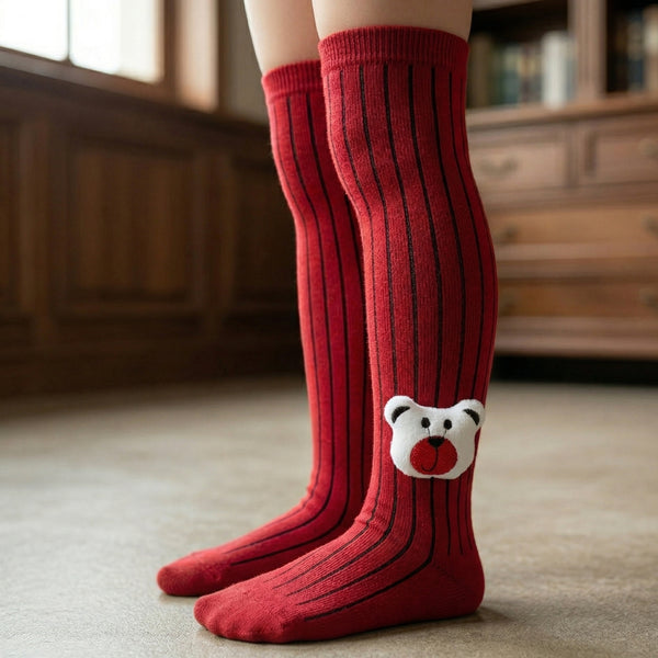 Unisex Cotton Red Calf Length Kids Long Bear Face Socks-SK1147andF33