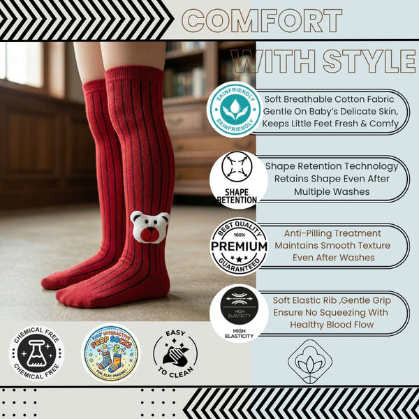 Unisex Cotton Red Calf Length Kids Long Bear Face Socks-SK1223andF33