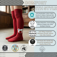 Unisex Cotton Red Calf Length Kids Long Bear Face Socks-SK1147andF33