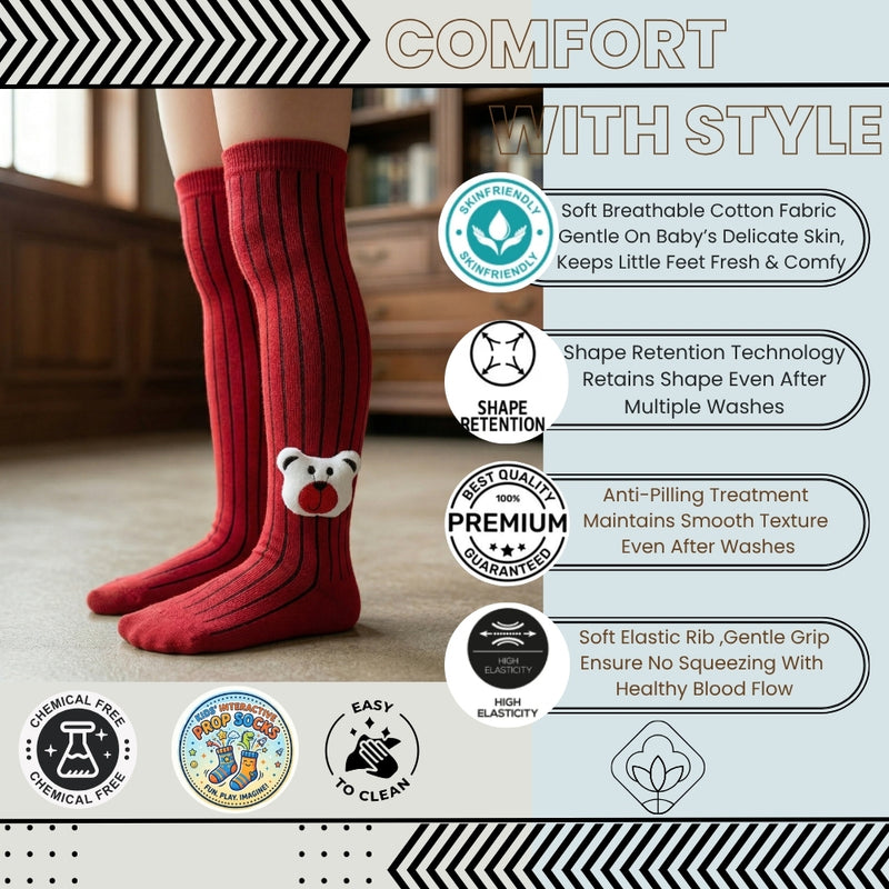 Unisex Cotton Red Calf Length Kids Long Bear Face Socks-SK1147andF33