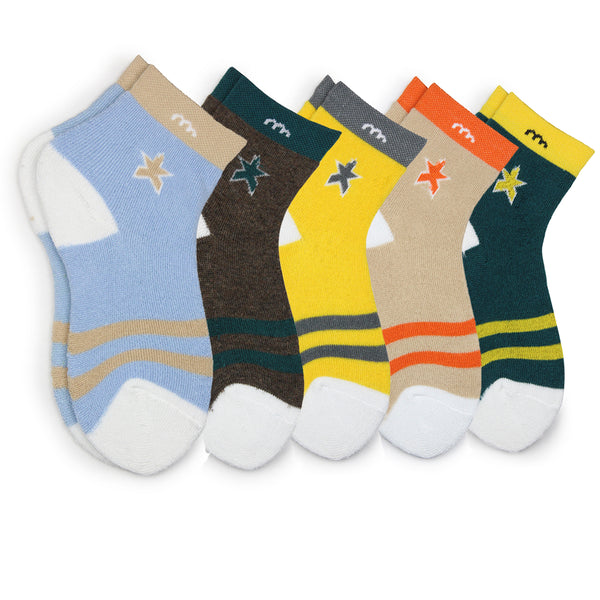 Boys & Girls Pack of 5 Pair Cotton Ankle Socks For 3 To 5 Years (Yellow,Green,Beige,Blue,Brown)-SK1182