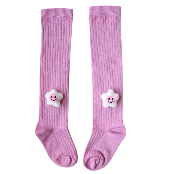 Baby Unisex Cotton Calf Length Pink Kids Long Smiley Star Face Socks-SK1220andF07