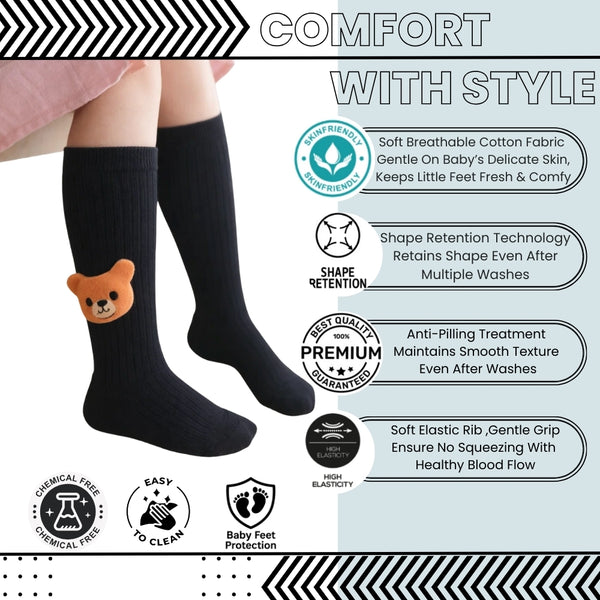 Baby Unisex Cotton Calf Length Black Kids Long Bear Face Socks-SK1221andF02