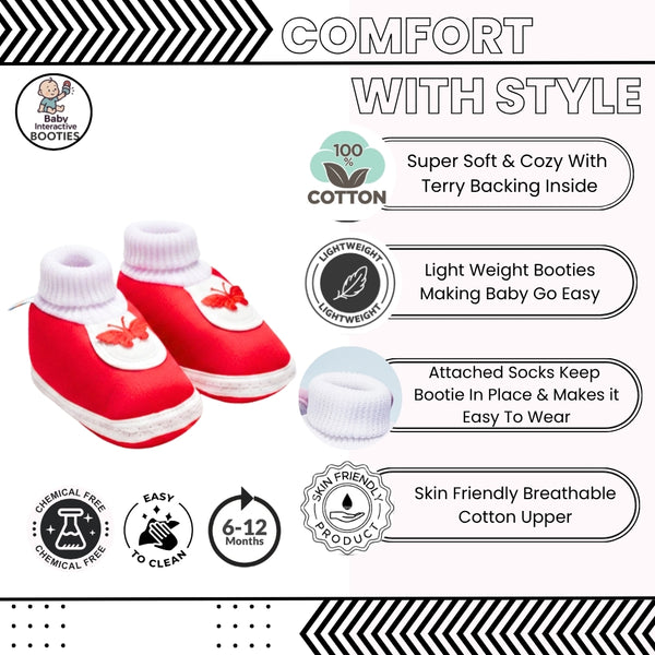 6 To 12 Months Baby Boys & Girls Cute Soft Cotton Pre-Walker Butterfly Booties (Red)-SK128