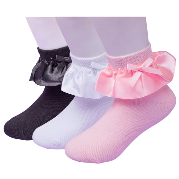 3 Pair Set Girl's 1 to 3 Years Frill Lace Cotton Solid Ankle Socks White,Black,Pink-SK1312/SK1313/SK1316