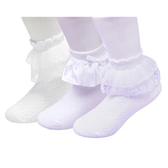 3 Pair Set Girl's 1 to 3 Years Frill Lace Cotton Solid Ankle Socks White-SK1312/SK1324/SK1330