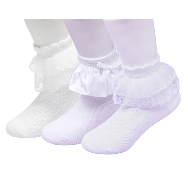 3 Pair Set Girl's 1 to 3 Years Frill Lace Cotton Solid Ankle Socks White-SK1312/SK1324/SK1330